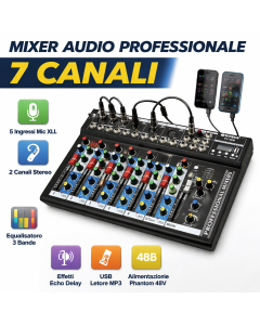 Mixer console 7 canali professionale microfono usb mp3 pianobar dj karaoke f7-mb