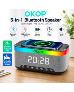 Speaker Bluetooth 5 in 1 con Ricarica Wireless Qi  OKOP KP-559  , Sveglia Digitale LED, Luce RGB e White Noise – Vivavoce HD e Design Moderno