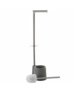 Portarotolo con porta scopino bagno in acciaio inox e plastica grigio 13x16x65cm