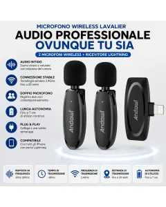 Microfono Wireless Lavalier per iPhone Lightning Senza Fili con Riduzione del Rumore – Plug & Play