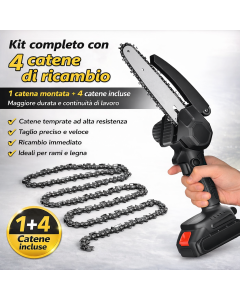 Mini Motosega Elettrica Ricaricabile 48V 4+1 Catene 6” con 2 Batterie e Valigetta  – Sega Potatura Leggera per Giardino e Legna