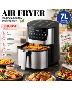Friggitrice ad Aria Digitale 7L 2400W con Finestra – Air Fryer XXL con Display Touch, Cestello Estraibile, Timer e Temperatura Regolabile