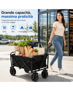 Carrello Pieghevole Multiuso 80 kg con 4 Ruote 360° e Freno, Manico Telescopico Regolabile – Portatile Salvaspazio per Spiaggia, Campeggio, Giardino, Spesa e Outdoor