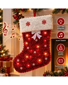 Calza Natalizia Luminosa 50 x 35 cm con Luci e Suoni – Calza di Natale Rossa e Bianca con Fiocchi di Neve e Decorazioni – Addobbo Natalizio da Appendere