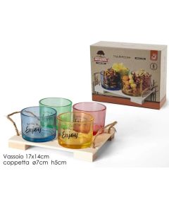 Antipastiera con base in legno e 4 ciotoline in vetro