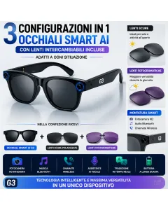 Occhiali Smart AI G3 con Fotocamera HD, Chiamate Bluetooth, Assistente AI e 3 Lenti Intercambiabili Magnetiche