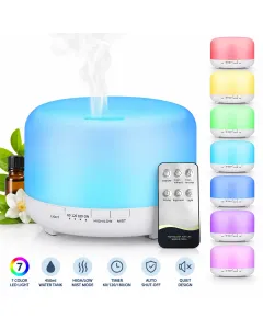 Diffusore di Aromi 500 ml con Telecomando, Umidificatore a Ultrasuoni con 7 Colori LED, Timer 60/120/180 Min, 2 Livelli di Nebulizzazione High/Low e Spegnimento Automatico