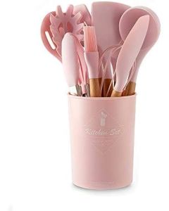 Set di 12 Utensili da Cucina in Silicone – Resistenti al Calore, Antiaderenti e Lavabili in Lavastoviglie rosa