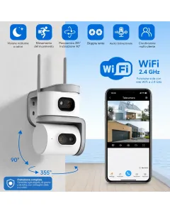 Telecamera WiFi Esterno 6MP Doppia Lente PTZ 355° Auto Tracking AI Visione Notturna a Colori Audio Bidirezionale IP67