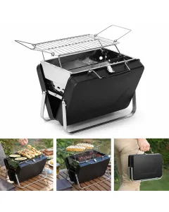 Barbecue Portatile Pieghevole a Valigetta in Acciaio Inox – Mini Griglia Compatta da Campeggio, Picnic, Giardino e Spiaggia con Griglia Ribaltabile e Scomparto Carbone Estensibile