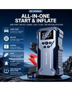 Avviatore di Emergenza Auto 12000mAh con Compressore Gonfiatore Pneumatici, Jump Starter Multifunzione, Power Bank Type-C, Display Digitale e Torcia LED SOS