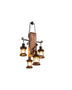 Lampadario sospensione rustico con 4 lanterne con attacco e27 legno e metallo