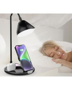 Lampada da Tavolo LED Ricaricabile 5 in 1 - Senza Fili, Caricabatterie Wireless, Dimmerabile con 3 Intensità di Luce