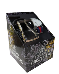Set uomo box regalo 874-35 furstenberg Cintura Uomo Nera Cinta 125 cm Fodera in Pelle con Orologio Stoffa Blu e Rossa