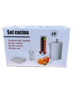 Set da cucina con porta capsule, rotolo, cesto frutta portatovaglioli e portaposate