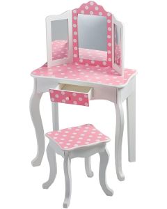 Toeletta In Legno A Pois Con Specchio E Sgabello Per Bambini Rosa 