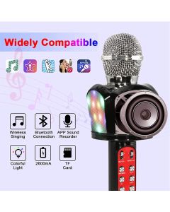 Microfono bluetooth portatile per karaoke portatile, con luci a LED controllabili. Compatibile con dispositivi Android/iOS