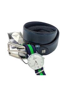 Set uomo box regalo 874-35 furstenberg Cintura Uomo Blu Cinta 125 cm Fodera in Pelle con Orologio Stoffa Verde e Blu