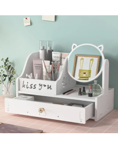 Organizer Trucco in Legno Bianco con Grande Capacità e Specchio Antipolvere 