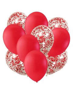 Set di 12 palloncini rossi e palloncini trasparenti con coriandoli