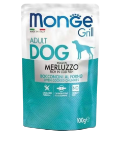 Monge grill cibo per cani adulti -bocconcini al forno gusto merluzzo busta da 100g