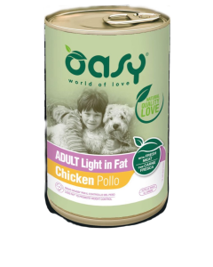 Oasy wet Dog lifestage-Patè Al gusto pollo indicato per cani adulti leggermente in sovrappeso di taglia grande, latta da 400g 