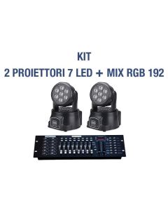 Kit 2 proiettore led rgb testa mobile rotante effetti disco 7 led+mixer