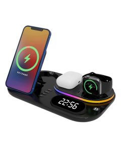 Stazione di ricarica wireless 4 in 1 con orologio digitale e luce notturna, caricabatterie wireless veloce da 15 W