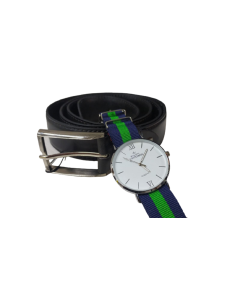 Set uomo box regalo 874-35 furstenberg Cintura Uomo Nero Cinta 125 cm Fodera in Pelle con Orologio Stoffa Verde e Blu