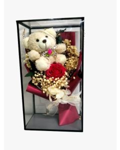 Elegante Confezione Regalo con Peluche, Fiore Stabilizzato e Decorazioni Pregiate