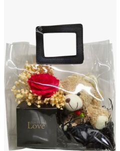 Confezione Regalo Elegante con Orsetto, Rosa e Accessori Decorativi