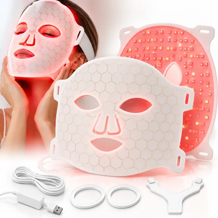 Maschera Facciale LED in Silicone 7 Colori – Fototerapia Viso con Luce Rossa, Blu, Verde, Gialla, Ciano, Viola e Bianca – Controller e Timer 15 Minuti – Beauty Routine Viso