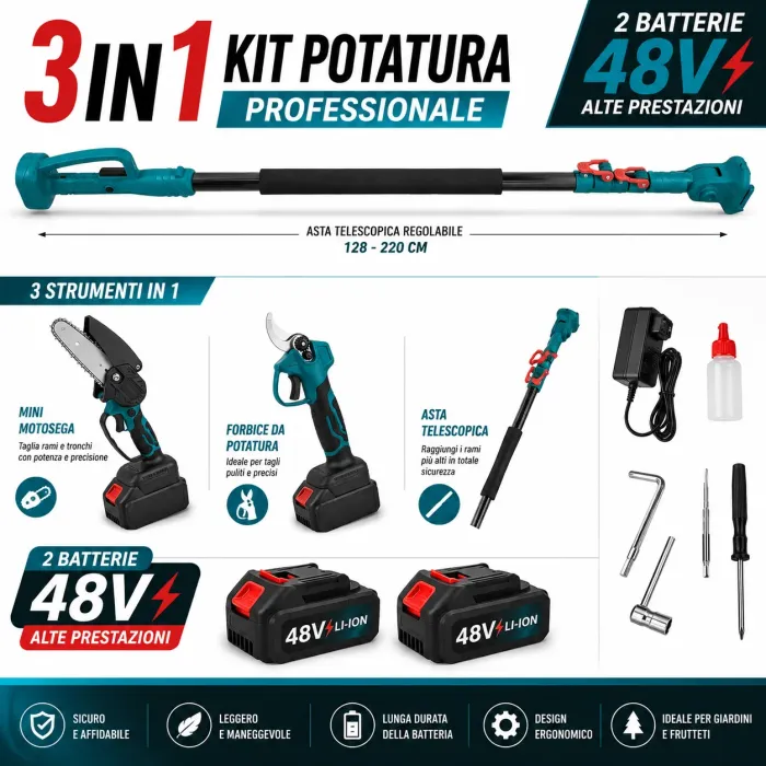 Kit Potatura a Batteria 3 in 1 con Asta Telescopica – Forbice Elettrica + Mini Motosega 6" + 2 Batterie e accessori 