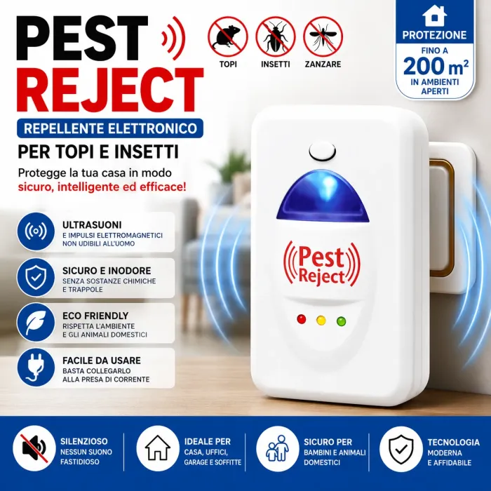 Pest Reject – Repellente Elettronico a Ultrasuoni per Topi, Scarafaggi, Formiche e Insetti – Protezione Continua 24/7 per Casa, Ufficio e Garage