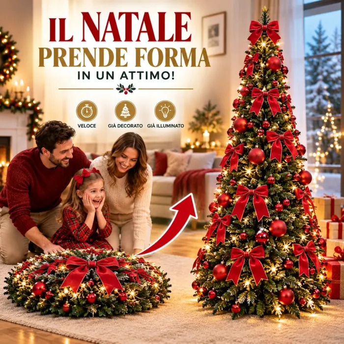 Albero di Natale Pop-Up 180 cm con 150 LED e 85 Decorazioni – Montaggio Rapido e Salvaspazio Base 60 cm Rosso
