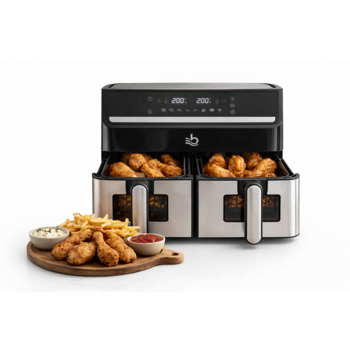 Friggitrice ad Aria 2000W Doppio Cestello 15L (7,5L + 7,5L) – Air Fryer XXXL a Doppia Zona con Controllo Indipendente