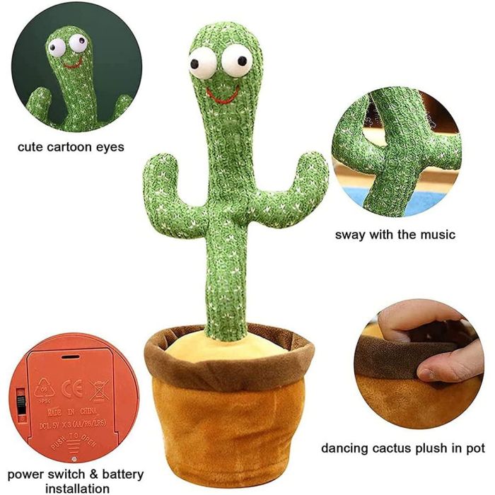 Cactus Parlante Danzante Con Luci LED – Peluche Elettronico Con 120 Canzoni E Funzione Registrazione – Regalo Bambini 6+ Mesi