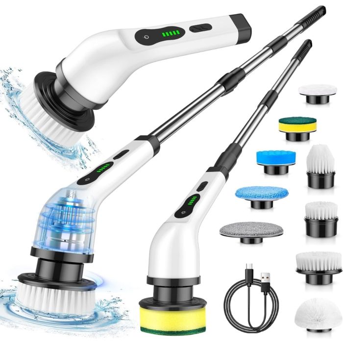 Spazzola Elettrica Senza Fili 9 in 1 – Pulitore Rotante Ricaricabile per Bagno, Cucina, Piastrelle, Vasca e Fughe – Spazzola Multifunzione con Testine Intercambiabili