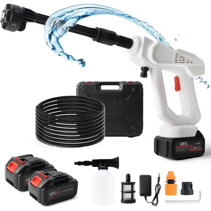 Idropulitrice Cordless 48V con 2 Batterie, Ugello 6 in 1 e Schiumogeno – Pistola ad Alta Pressione Portatile per Auto, Moto, Giardino, Tapparelle e Balconi