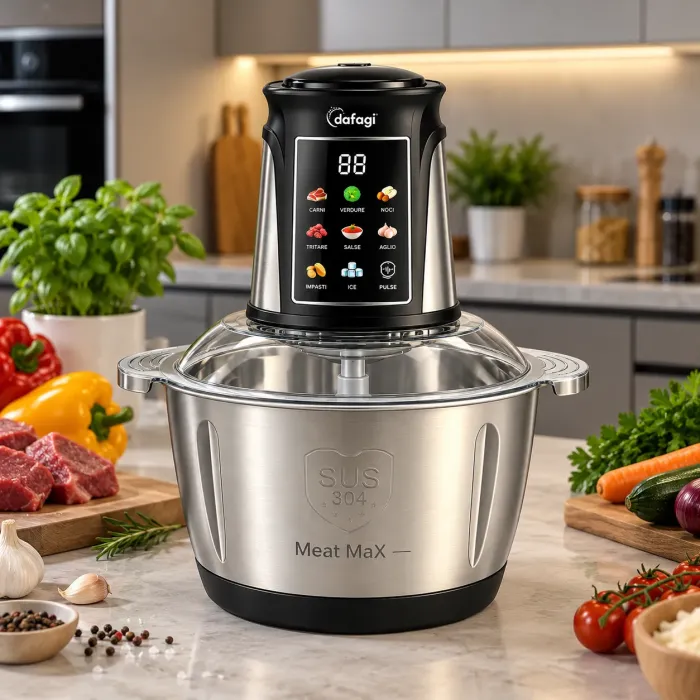 Tritatutto Elettrico DAFAGI 5 Litri 500W Touch Digitale con 4 Lame in Acciaio Inox a 360°, Doppia Velocità, Funzione Pulse, Ciotola in Acciaio, Multifunzione per Carne, Verdure, Salse e Impasti