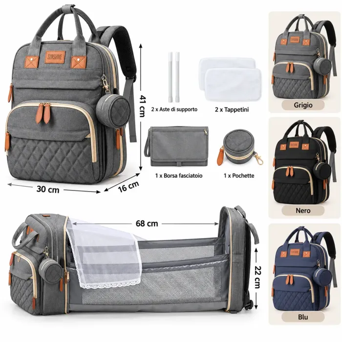 Nuvéa® MomBag 3in1 – Zaino Mamma Multifunzione con Fasciatoio Portatile, Porta Biberon, Portaciuccio, Porta USB e Accessori – Nero, Grigio e Blu
