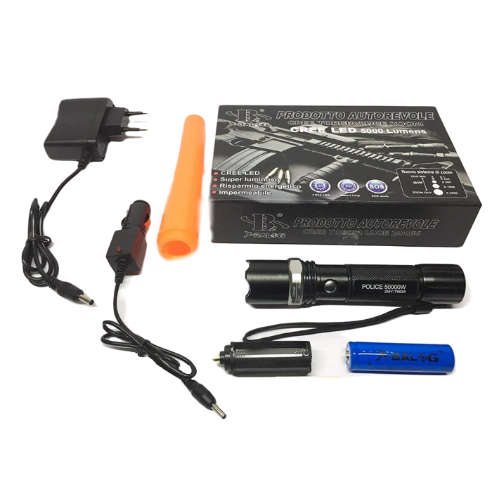 Torcia Tascabile Dunamis LED XML-T6 Ricaricabile – Zoom, Super Luminosa Per Campeggio E Tattica