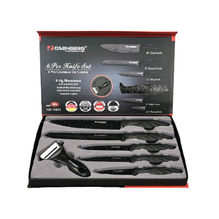Ross Henery Professional – Set Coltelli Da Cucina 5 Pezzi Con Blocco Magnetico Pieghevole – Nero