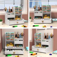 Organizer Da Scrivania Con Cassetto - Portapenne Multifunzione 7 Scomparti In Plastica Per Ufficio E Casa (Blu) - Foto 7